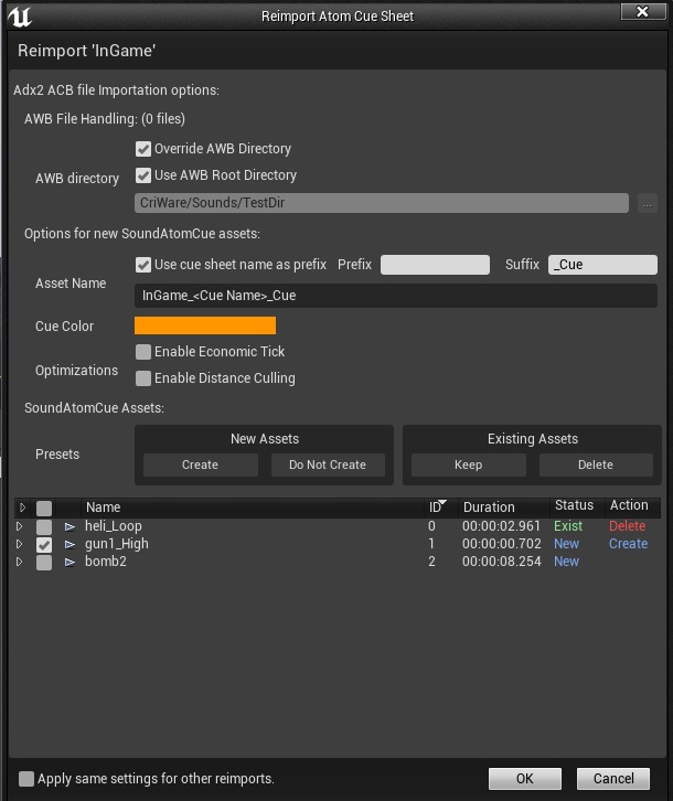 Criware Unreal Engine 4 プラグインマニュアル Atom Cuesheet Import Dialog の概要